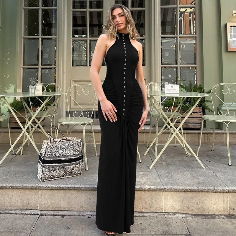 French Women Autumn Slim Fit Crumpled Button round Neck Sleeveless Dress for Women