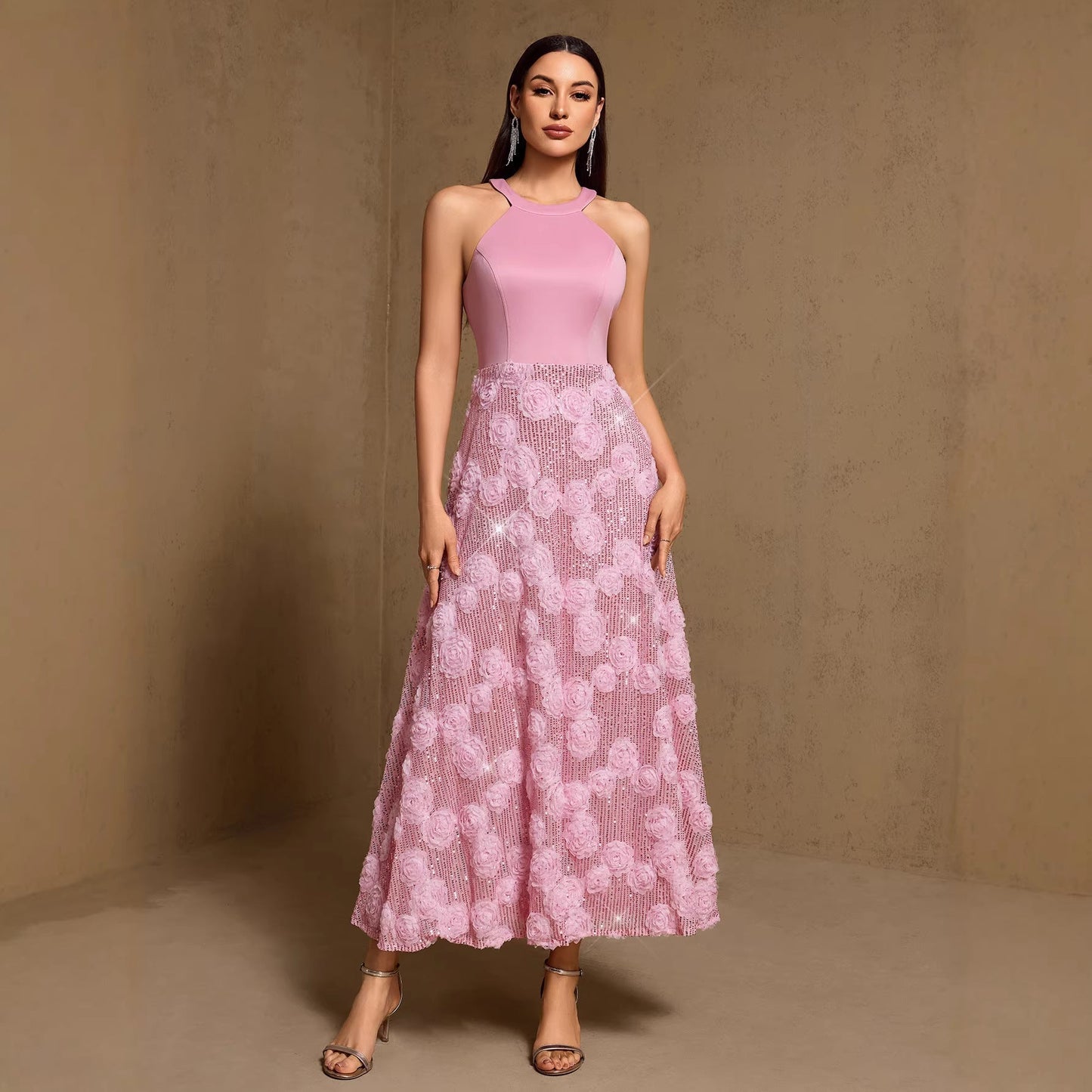 Spring Summer Halter Print Stitching Large Hem Fully Lined Evening Dress Party Dress