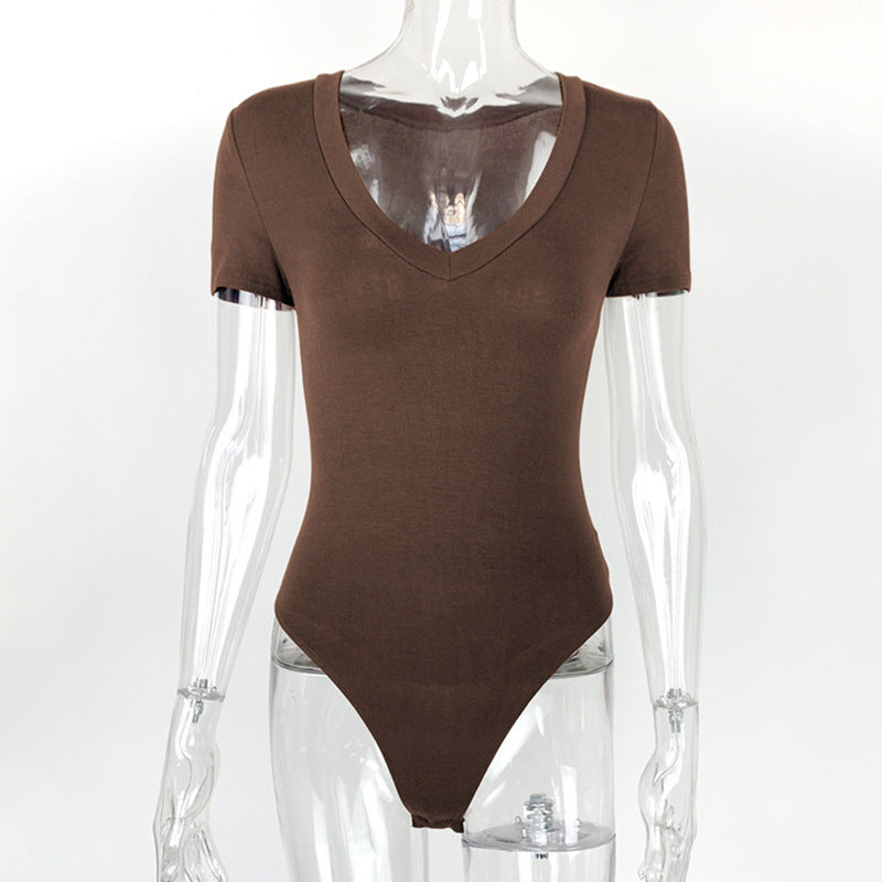 Bodysuit Spring Summer Women Clothing Short Sleeve V Neck Sexy Tight Bodysuit