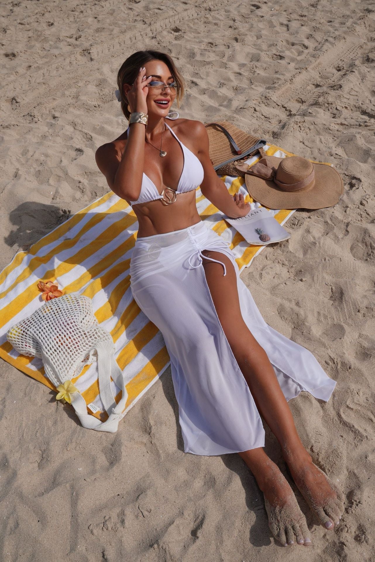 Solid Color Beach Sun Protection Tulle Skirt Sexy Three Piece Set Bikini Split Swimsuit