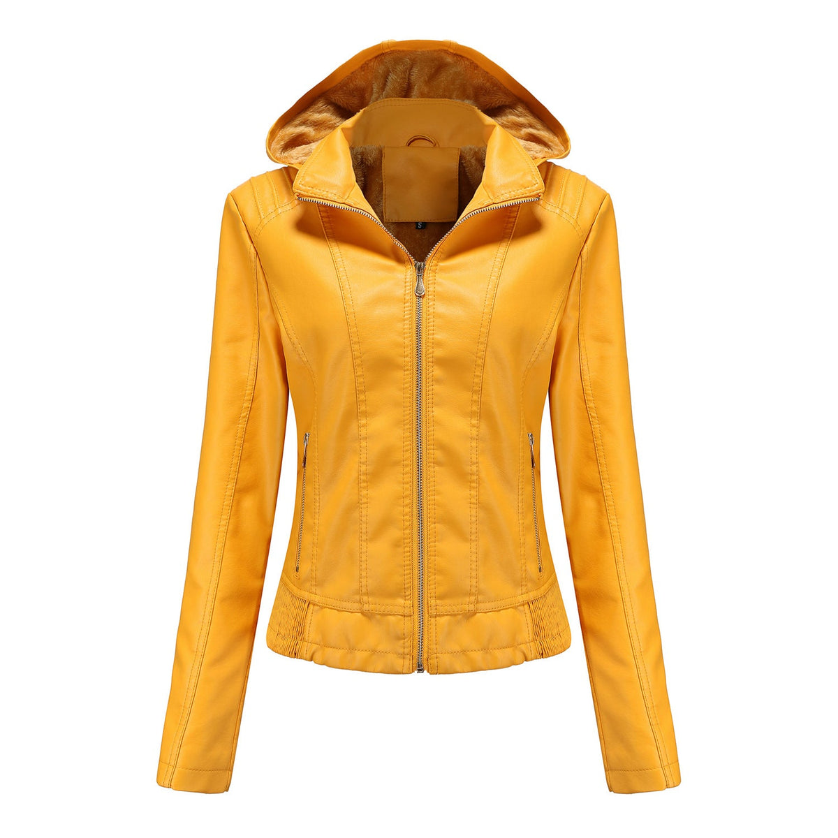 Fall Winter Hooded Leather Coat Women's Detachable Hat Long Sleeve Zipper Fleece-Lined Leather Jacket Slim Coat