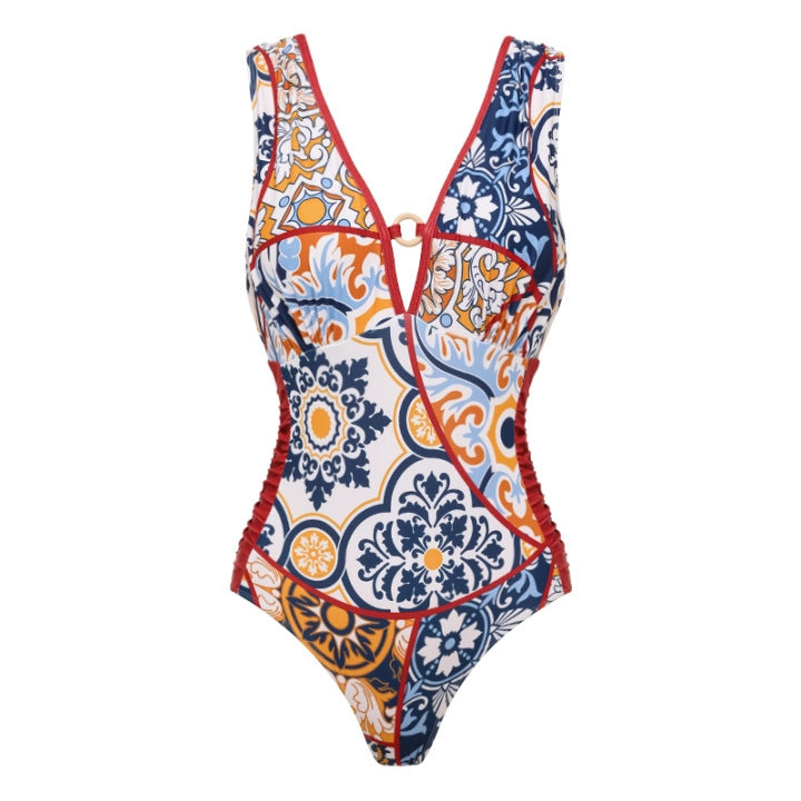 Swimsuit V neck Pattern Printed One Piece Swimsuit Women Wrap Skirt