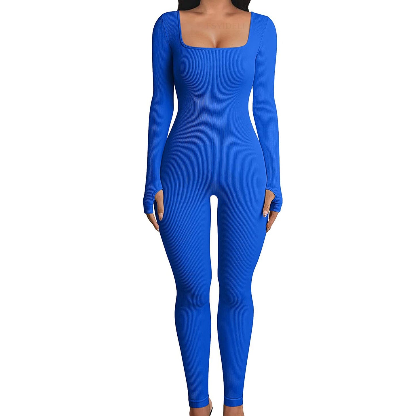 Women Clothing Jumpsuit Autumn Winter Thread Square Collar Hip Raise Slim Fit Sexy Jumpsuit