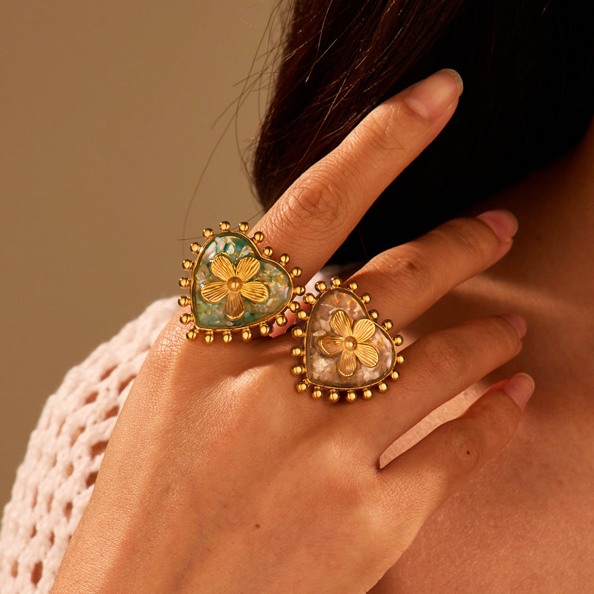 Elegant French Advanced Oil Dripping Titanium Steel Ring Stainless Steel 18K Gold Love Floral Bracelet