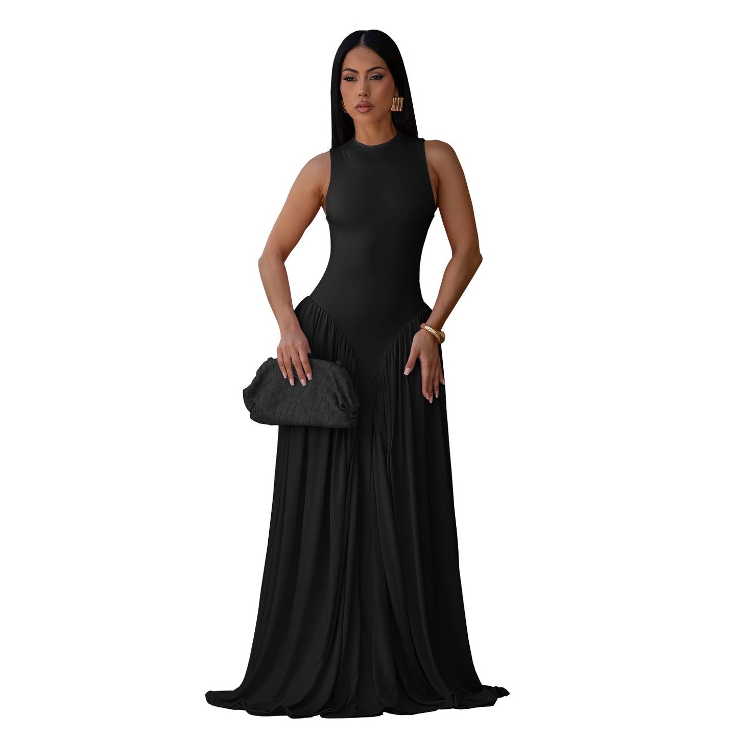 Women Wear Elegant Solid Color round Neck Sleeveless Dress