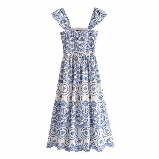 Women Hollow Out Cutout Embroidered Strap Dress