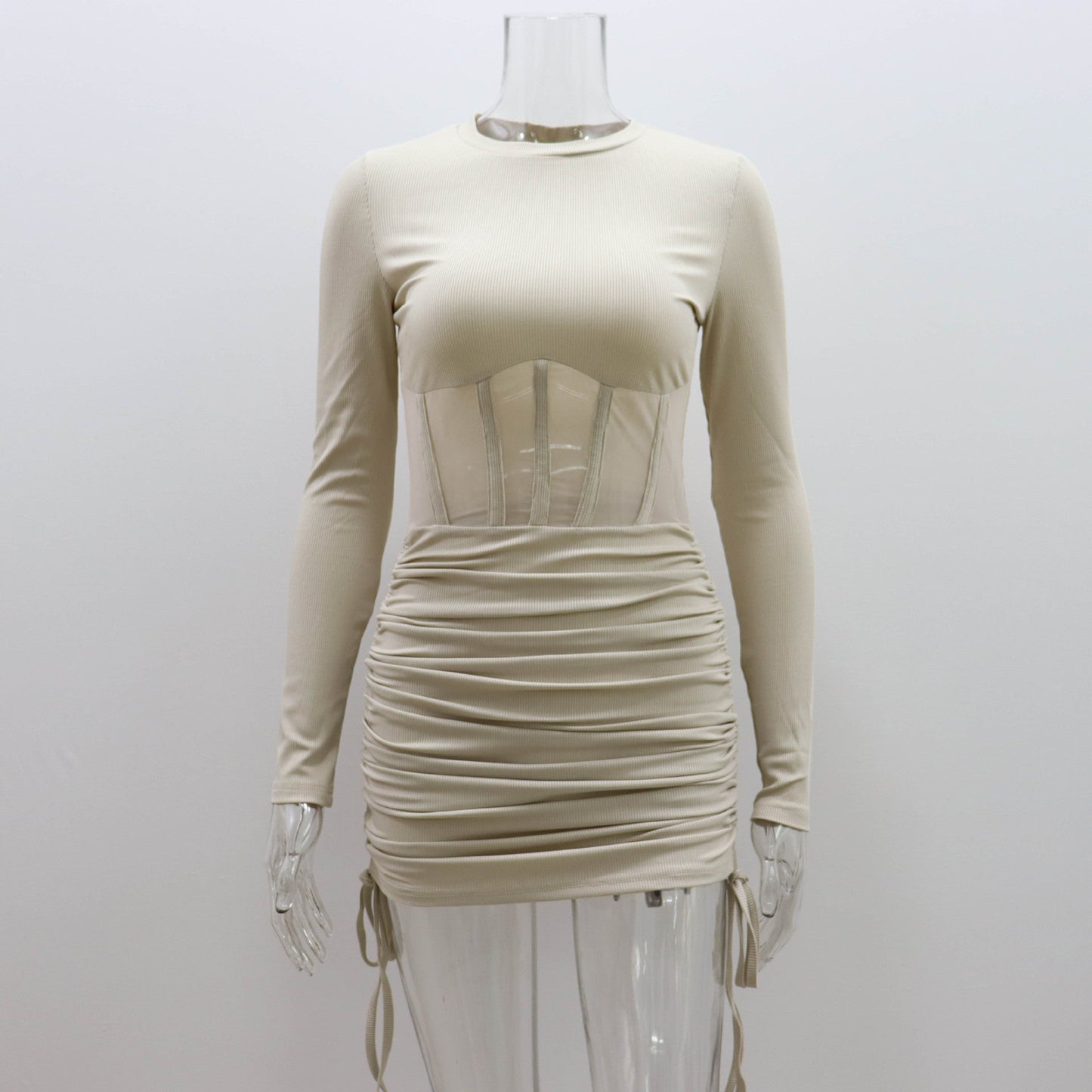 Mesh Hollow Out Cutout Waist Dress for Women Spring Summer Women Wear round Neck Sexy Long Sleeve Pleating Short Dress for Women