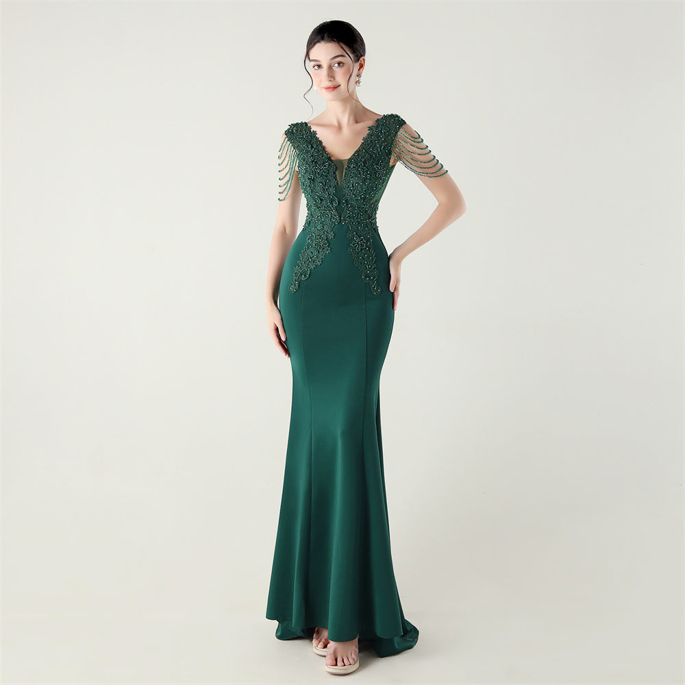 Satin Heavy Industry Beaded Three Dimensional Applique Boning Corset Waist-Tight Evening Dress Lace Tassels Design Cocktail Social Networking