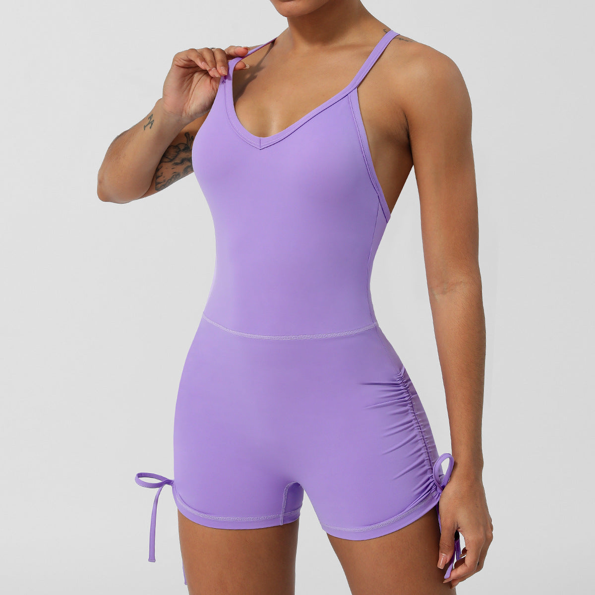 V Neck Jumpsuit Thin Strap Crossing Beauty Back Yoga Clothes Tight Shorts Sleeveless Leotard With Chest Pad