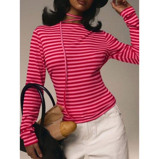 Bonte Spring Summer Type Elegant Slim Striped Stretch round Neck Long Sleeve Top Women