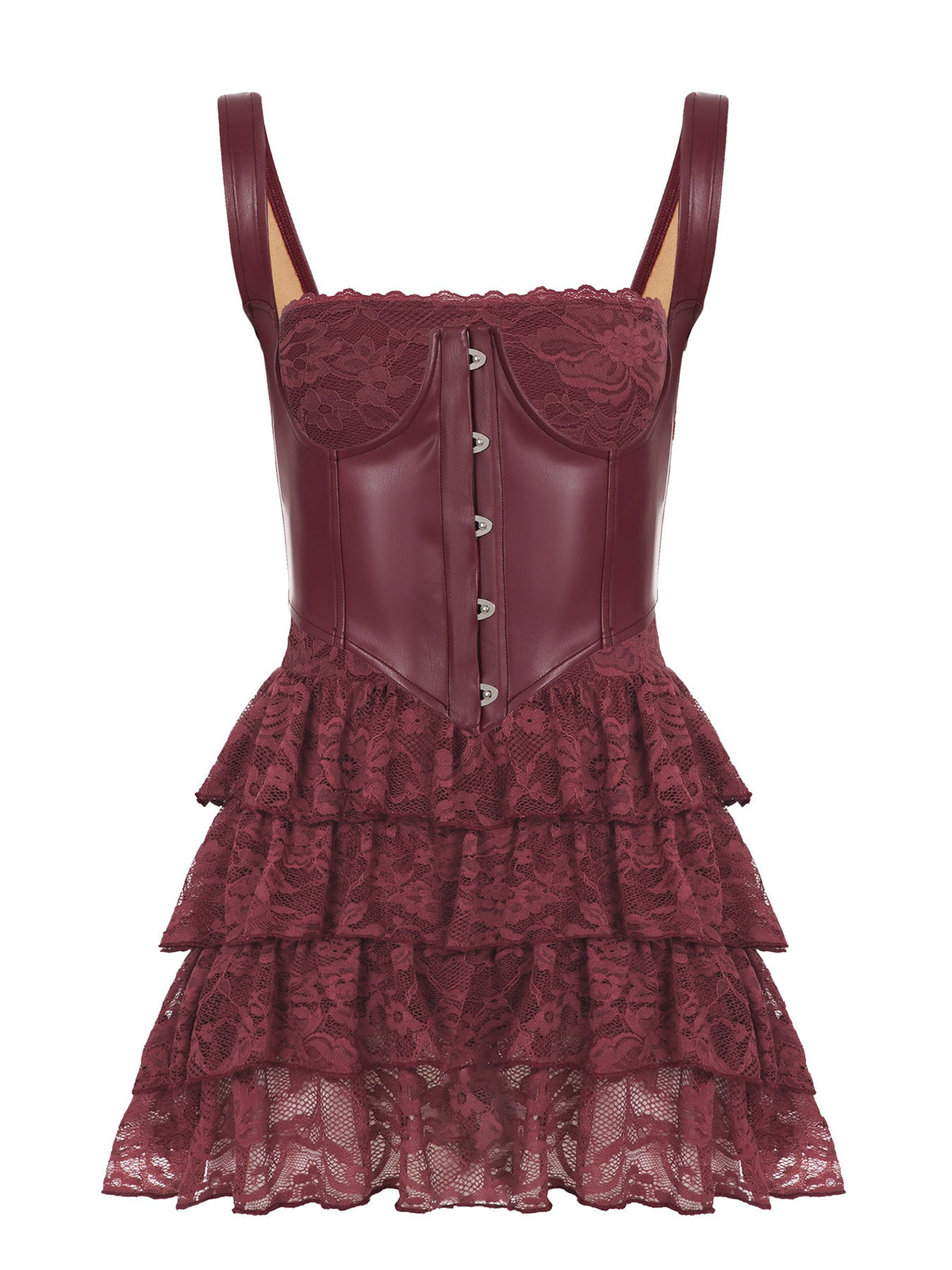 Sexy Leather Bra Strap Lace Stitching Puffy Tiered Dress Summer Set