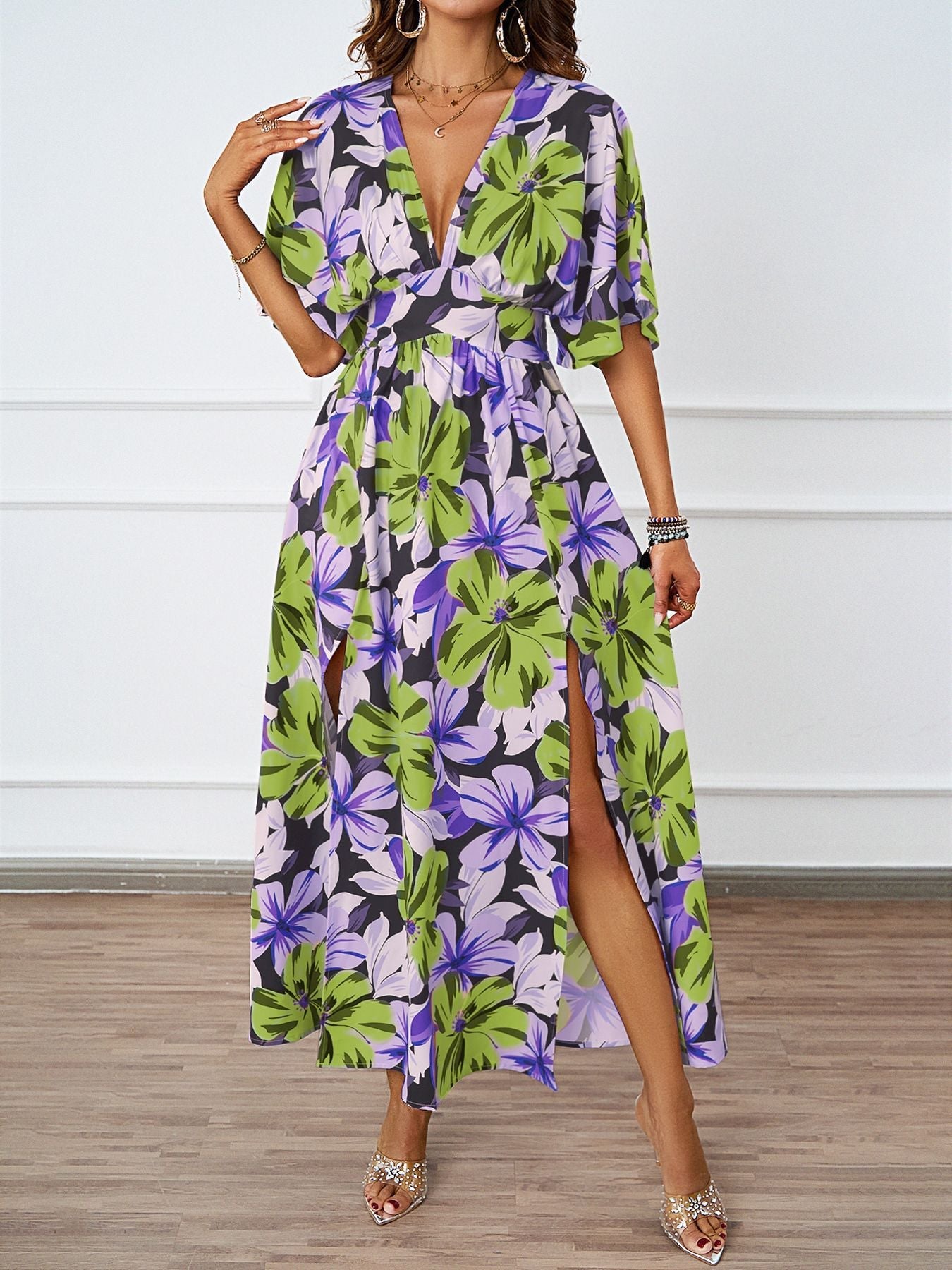Summer Floral Print Maxi Dress Elastic Band Waist Tight Big V neck Short Sleeve Dress for Women