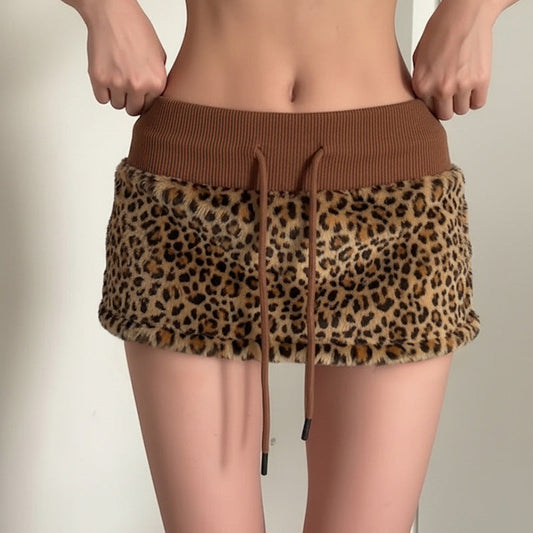 Vintage Leopard Print Stitching Waist Head Contrast Skirt Women Lace up Sexy Thread Furry Skirt