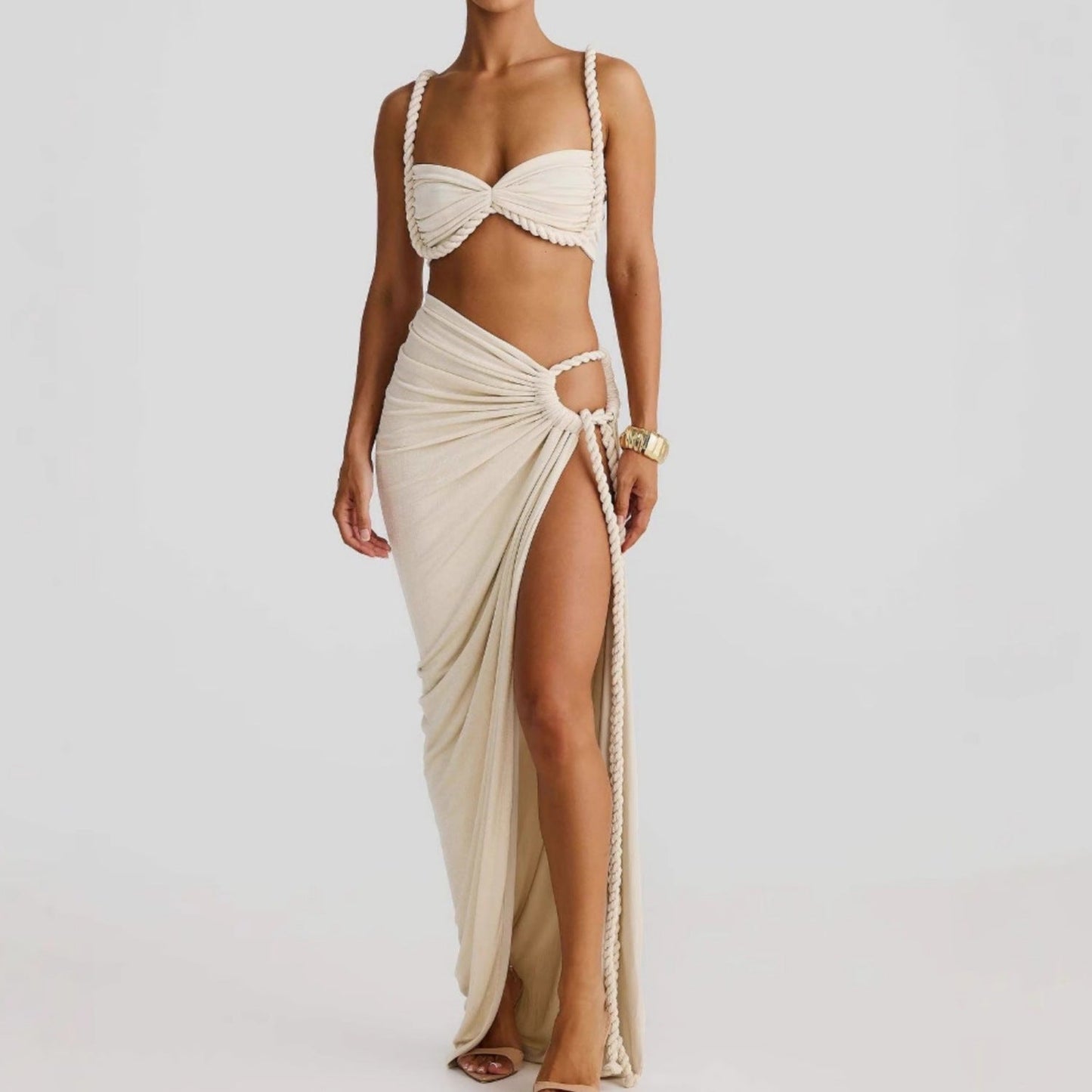 Summer Sexy Beach Vacation Swimsuit Woven Halter Top Top Split Skirt Set