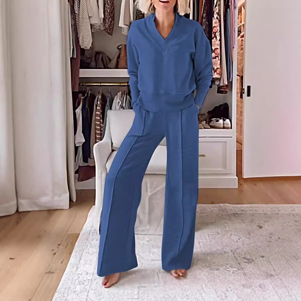 Autumn Casual V neck Long Sleeve Loose Top Wide Leg Pants Two Piece Set