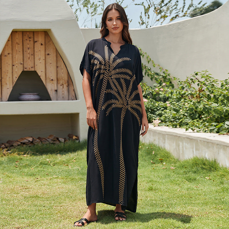 Embroidered Holiday Loose Maxi Dress Beach Cover up Maxi Dress Bikini Cover up Women