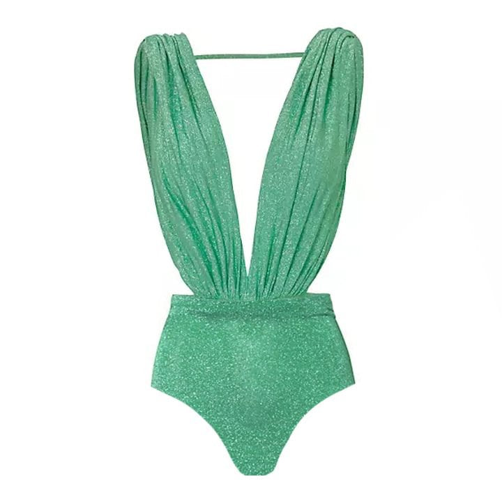 Solid Color Advanced Halter Shiny Surface One Piece Swimsuit Women