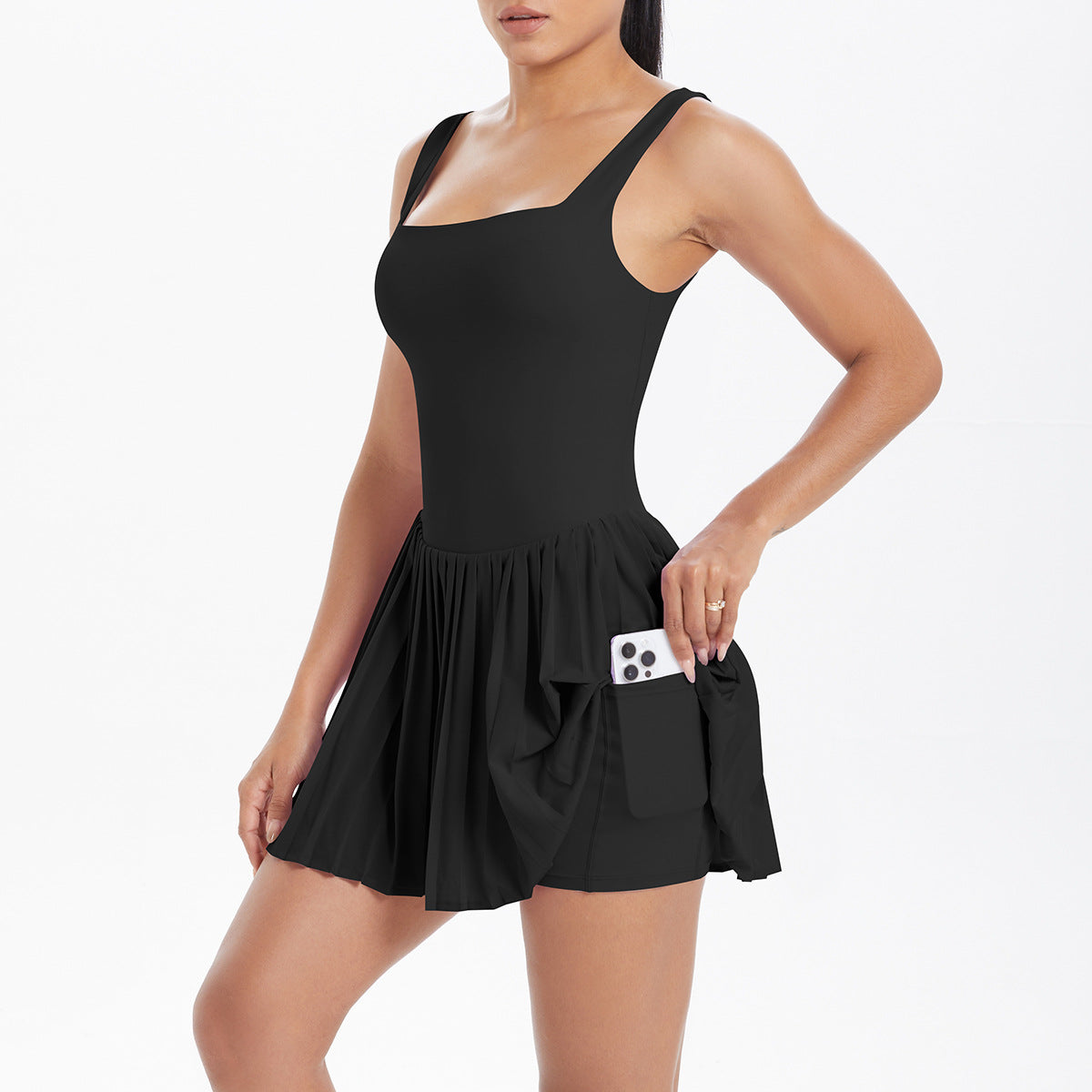 Nude Feel Faux Two Pieces Tennis Dress Anti Wardrobe Malfunction Base Fitness Pocket Pleated Dress Sports Back Shaping Dress Women