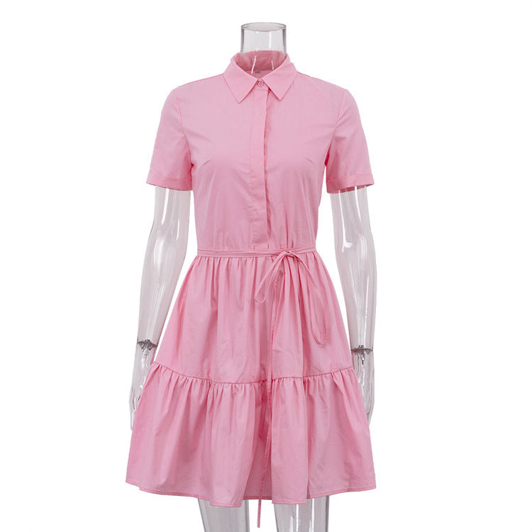 Women Clothing Polo Collar Short Sleeved Lace up Dress Summer Simple Sweet Shirt Short Dress