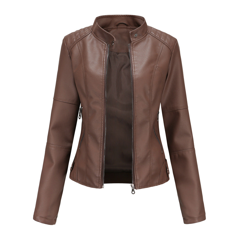 Women Jacket Women Slim Jacket Thin Spring Autumn Coat Women Motorcycle Clothing Stand Collar Faux Leather