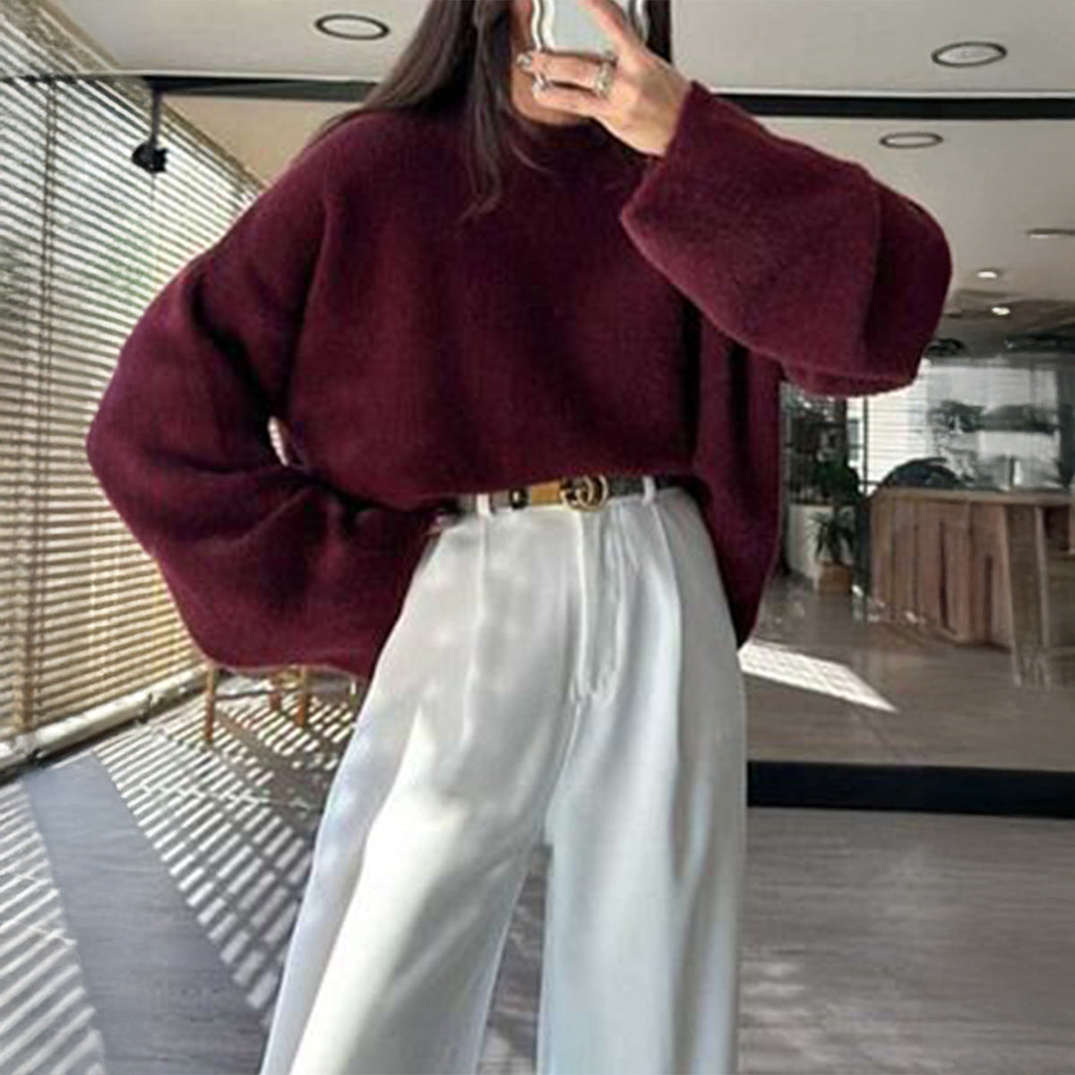 Simple Wool Long Sleeve Solid Color T shirt Sweater Women Clothing Autumn Winter