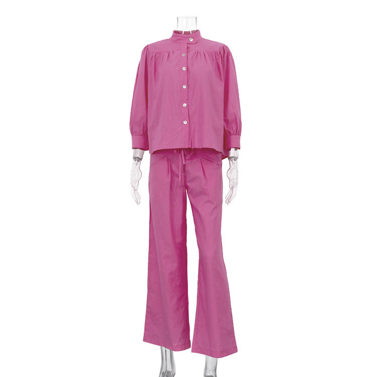 Stand up Collar 3/4 Sleeve Cardigan Shirt Loose Trousers Casual Two Piece Sets Shirt Women