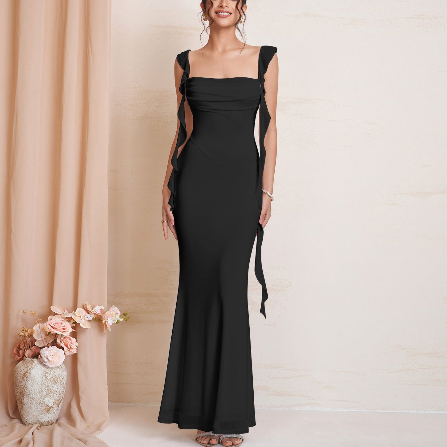 Summer Mesh Cami Dress Sexy Backless Square Collar Pleated Ribbon Cinched Slimming Maxi Dress
