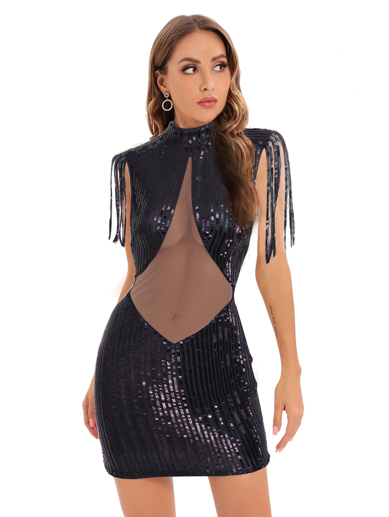 Sexy Sheer Mesh Stitching Dress Women Clothing Evening Dress