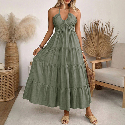 Summer Halter Vacation Maxi Dress Graceful Fashionable Backless Smocking Dress Women