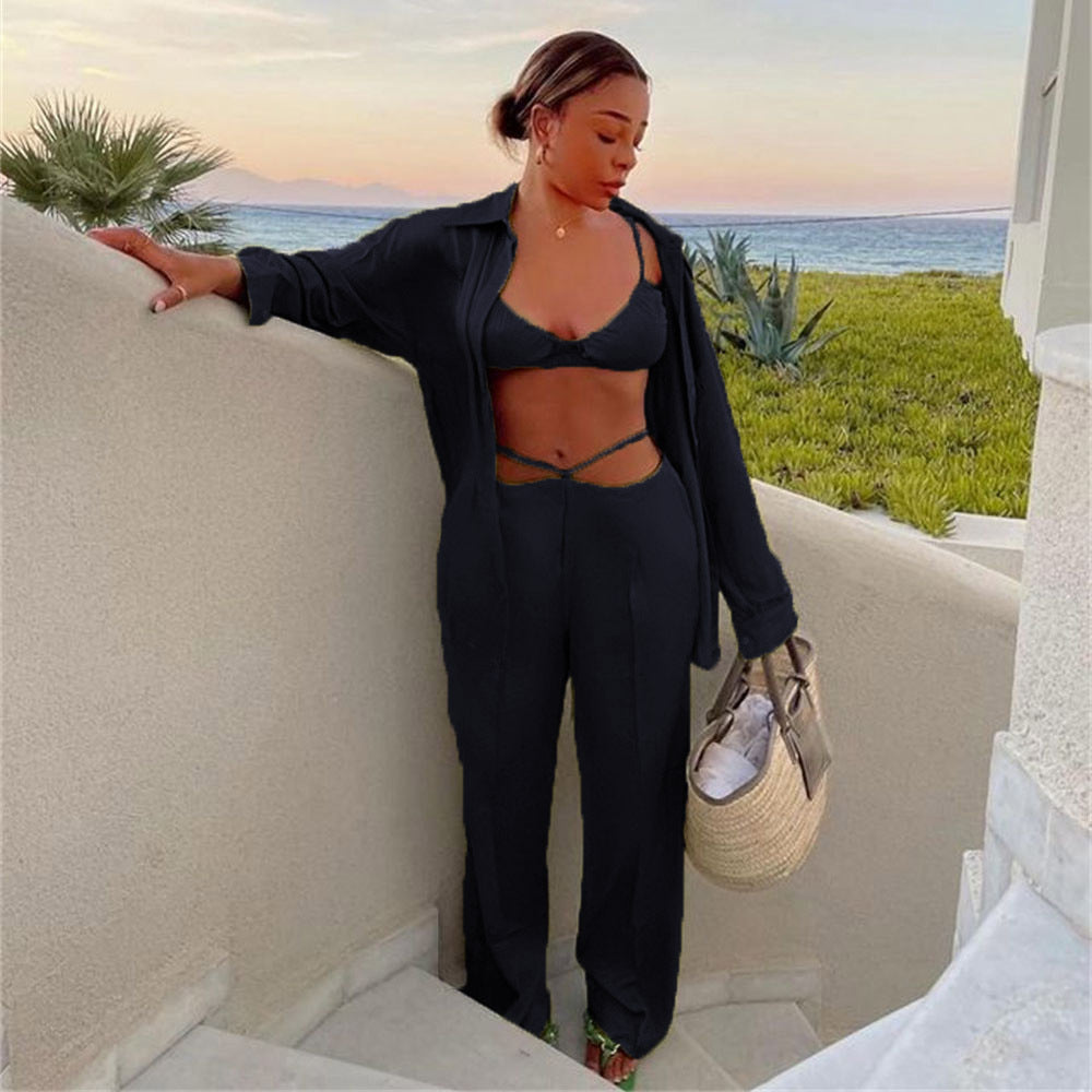 Sexy Women Wear Spring Summer Casual Vacation Three Piece Suit Satin Shirt Vest Straight Leg Pants Suit