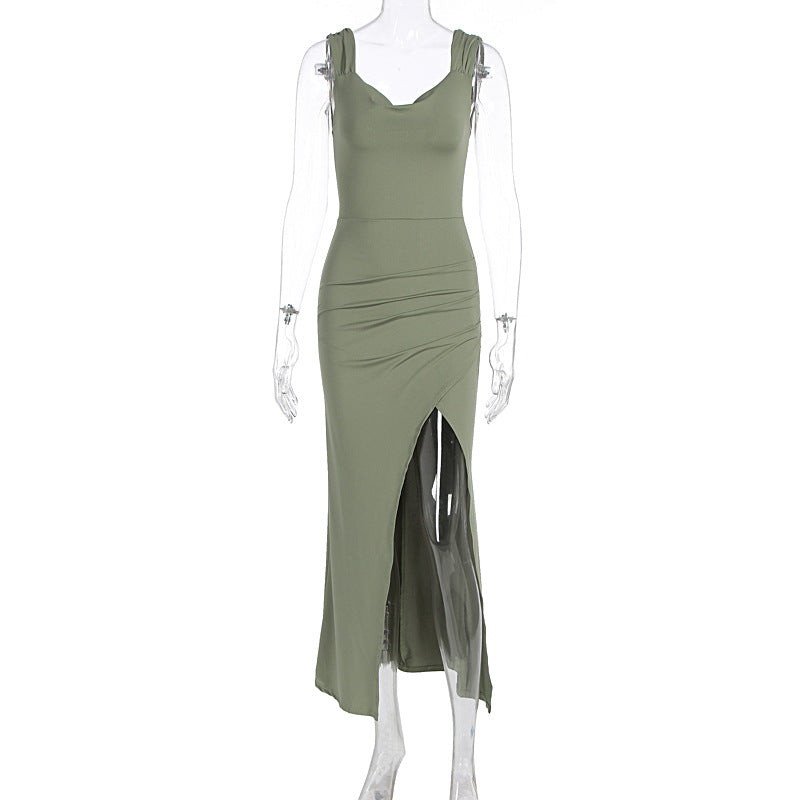 Women Clothing Spring Summer Elegance Sleeveless Backless Slingback Slim Fit Slit Dress