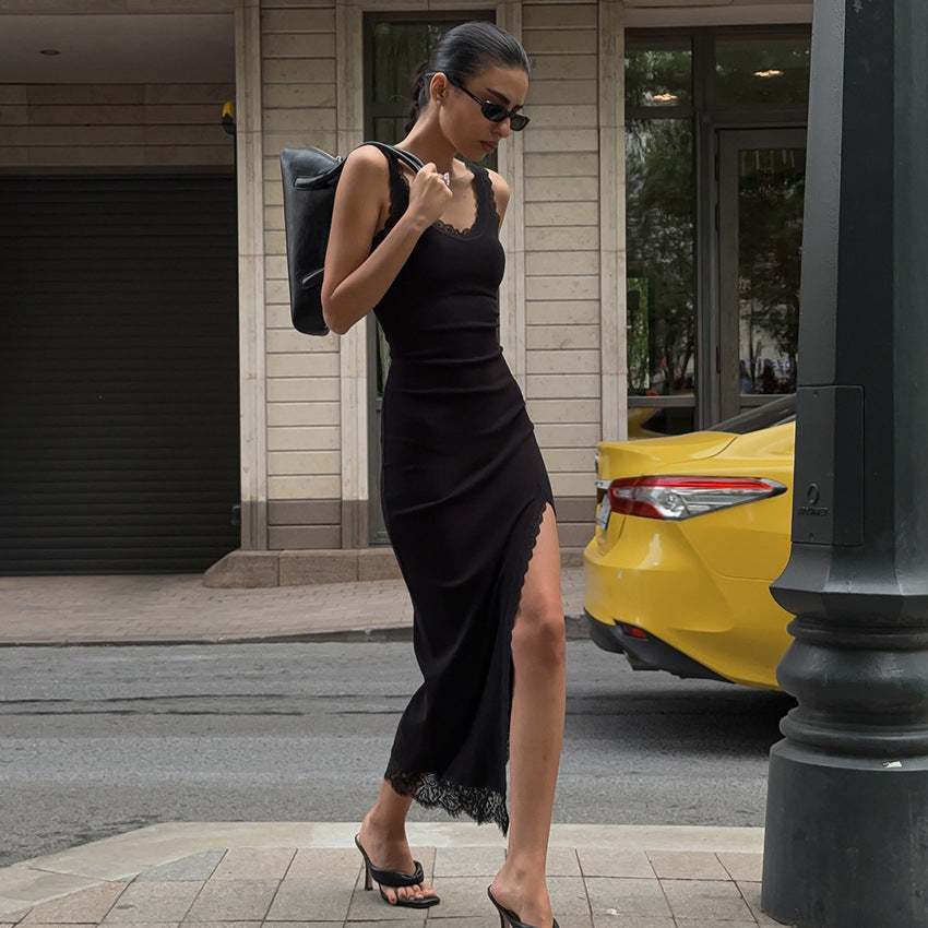Summer Black Sexy Elegant Lace Slim Fit Patchwork Split Vest Dress Women