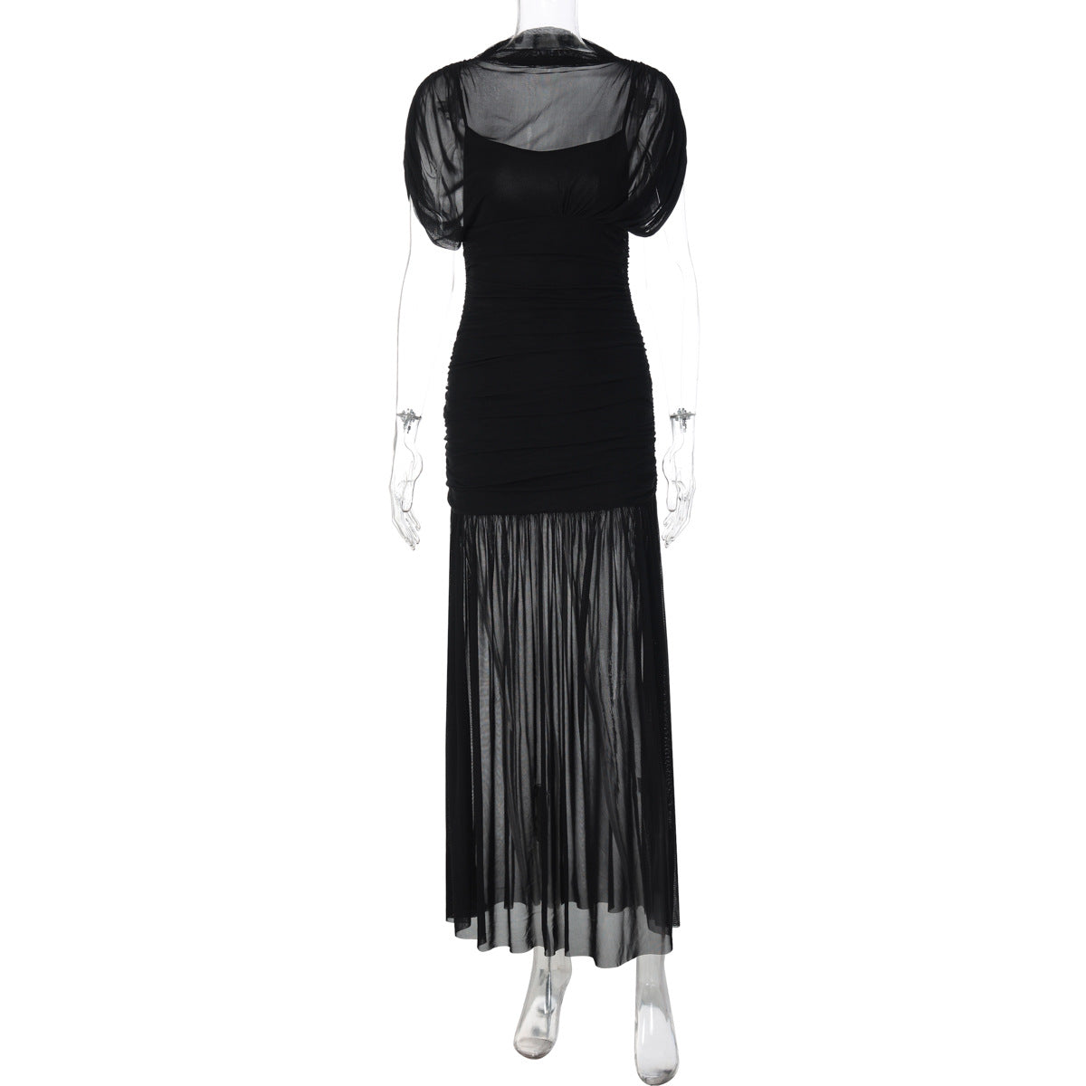 Sexy Socialite Tight Waist Close Fitting Stitching Gauzy Package Hip Maxi Dress for Women