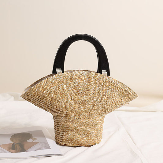 Wooden Portable Hat Straw Bag Fresh Straw Woven Bag Vacation Beach Bag Women Bag