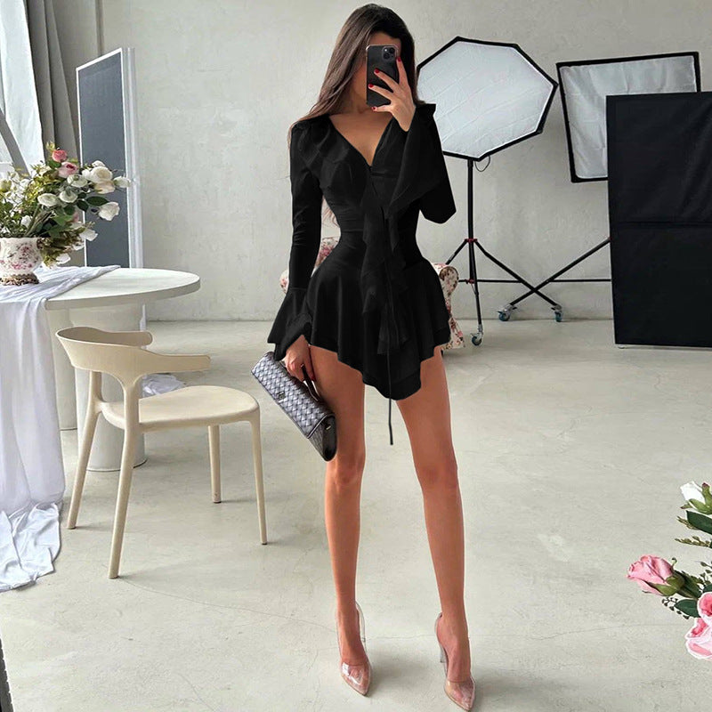 Fall Women Clothing V neck Slim Fit Tied Ruffled Flare Sleeve Dress