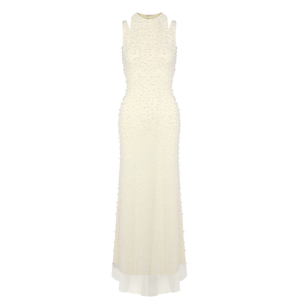 Pearl Tassel off the Shoulder Fishtail Dress Heavy Industry Beads Slim Slimming Dinner Dress for Women