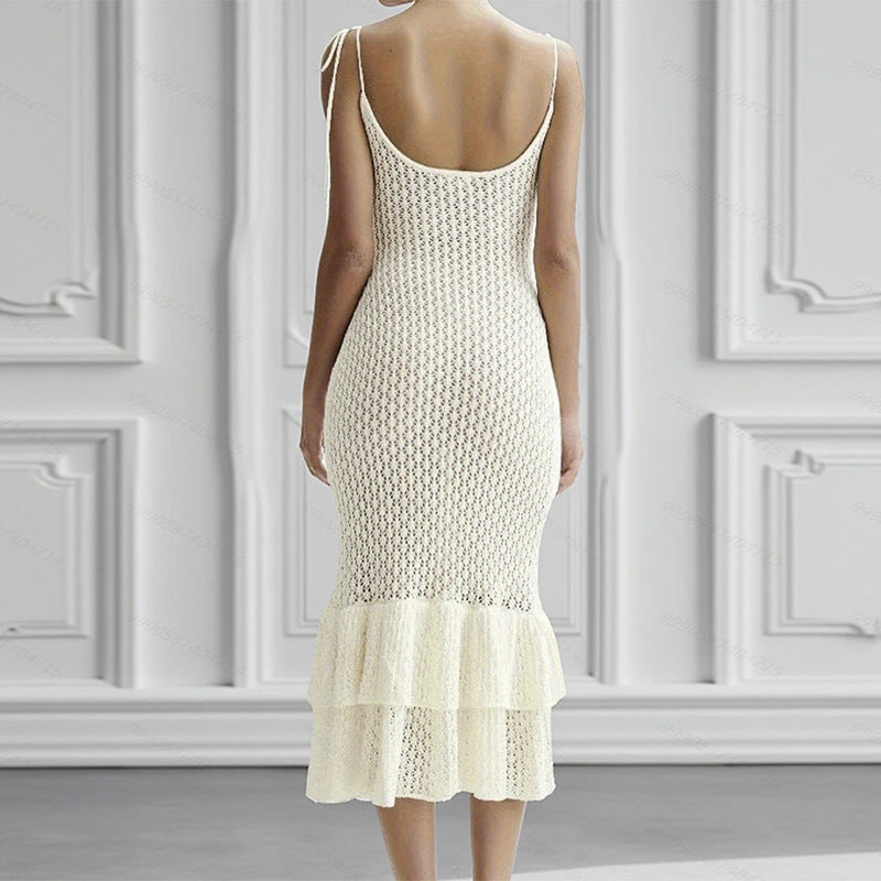 Summer Knit Halter Dress Hollow Out Cutout Seaside Holiday Beach Flounce Long Dress Women Overall Hip