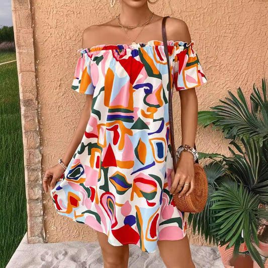 Summer Elegant Ladies Tropical Printing off the Shoulder Dress