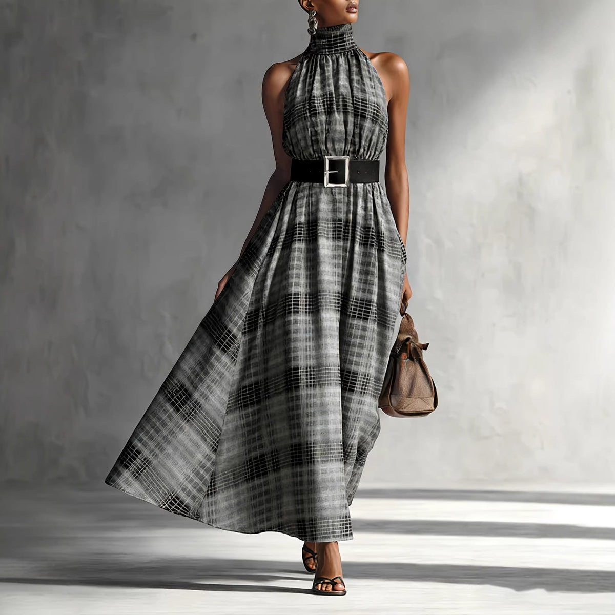 Halter Sleeveless Plaid High Waist Lace up Waist Draping Effect Large Hem A line Dress French Dress