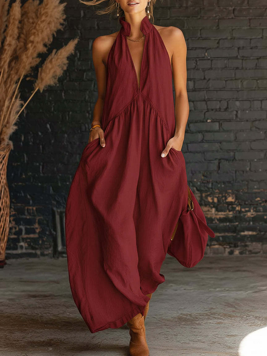 Summer Ladies Sleeveless Stand Collar Solid Color Long Vacation Dress