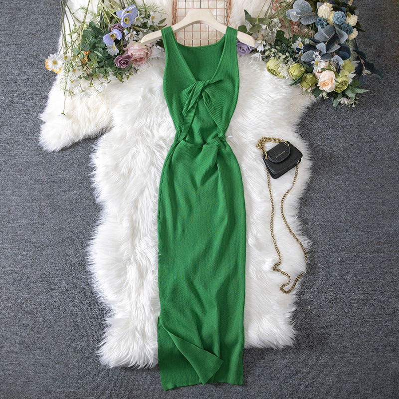 Women Clothing Summer Sexy Kinked Chest Flattering Machine Hollowed Reversible Knitted Dress