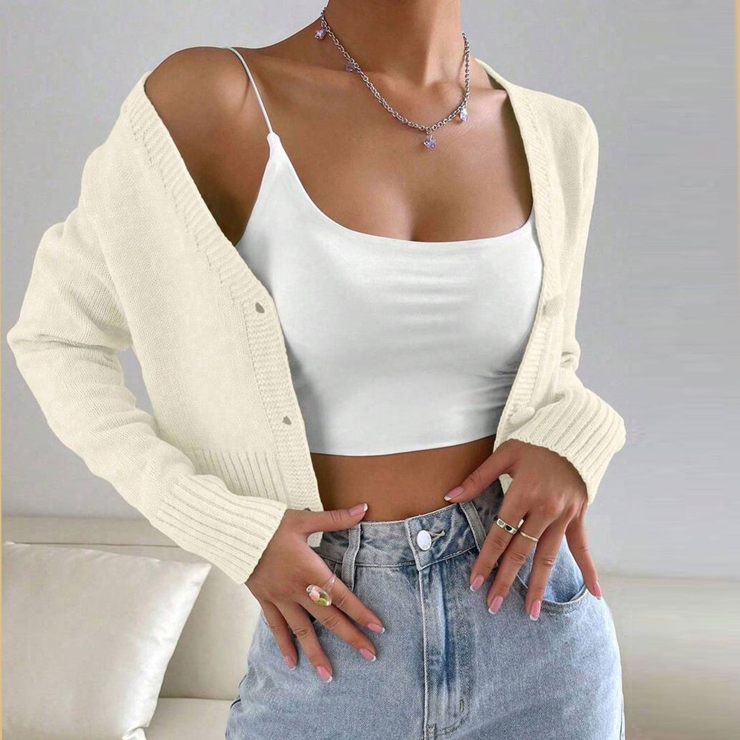 Fashionable Knitted Cardigan Women Spring Autumn round Neck Slim Short Solid Color Sweater Coat