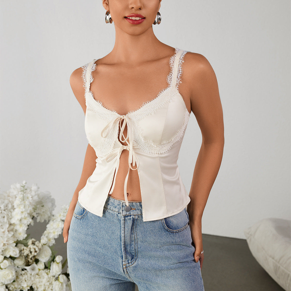 Matte High Elastic Stitching Lace Hollow Out Cutout Small Top Sexy Backless Lace up Short Strap Top