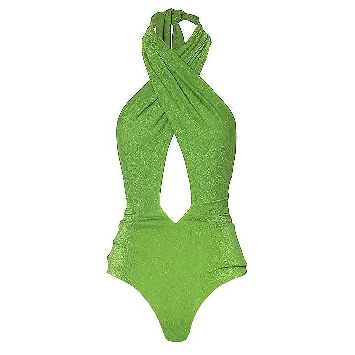 Solid Color Advanced Halter Shiny Surface One Piece Swimsuit Women