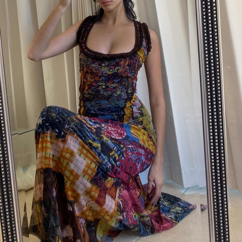Women Clothing Summer Retro Tie Dyed Printed Sexy U Collar Slim Dress Maxi Dress