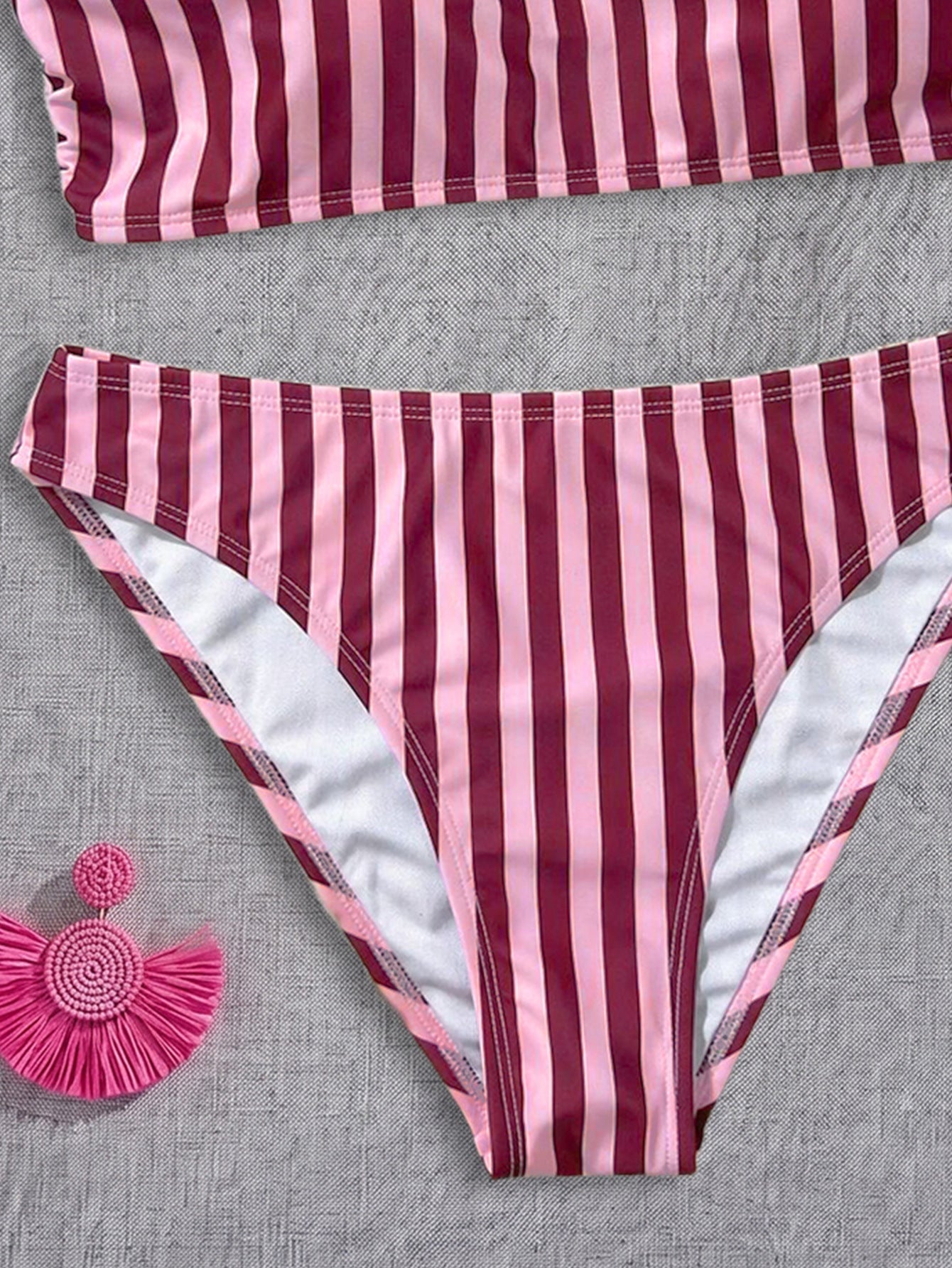 Bikini Pink Striped One Shoulder Tube Top Bikini Sexy Backless Low Waist Split Swimsuit