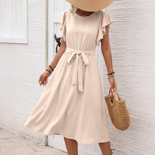 Simple Vacation Solid Color Flying Sleeves round Neck Tied Dress