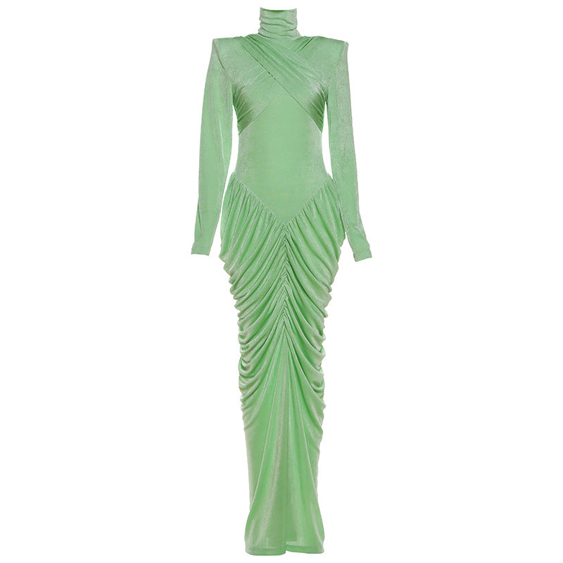 Fall Women Clothing Solid Color Turtleneck Backless Stitching Pleated Slim Fit Dress