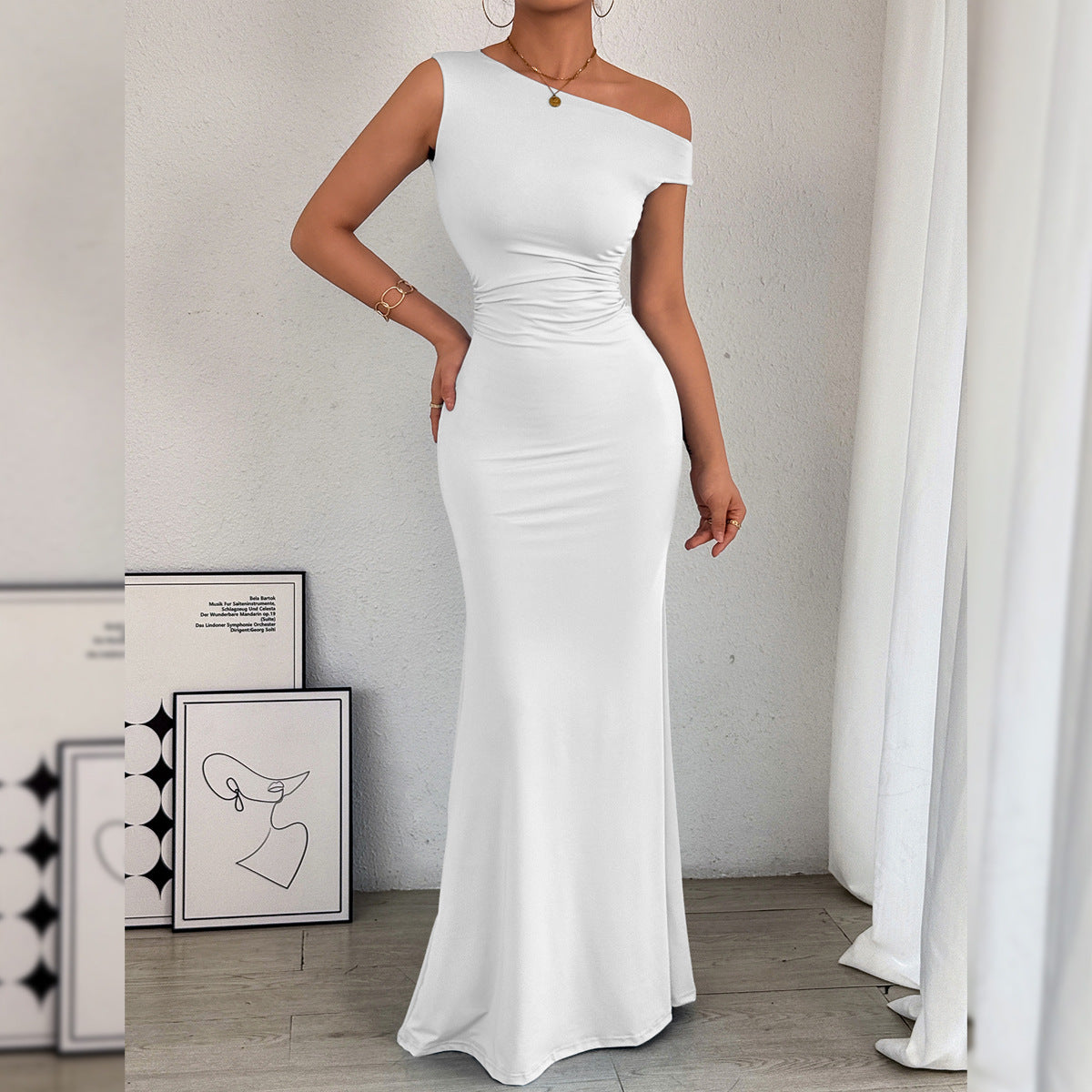 Women Fishtail Dress Slant Shoulder Collar Waist Pleated Sleeveless Sexy Dress