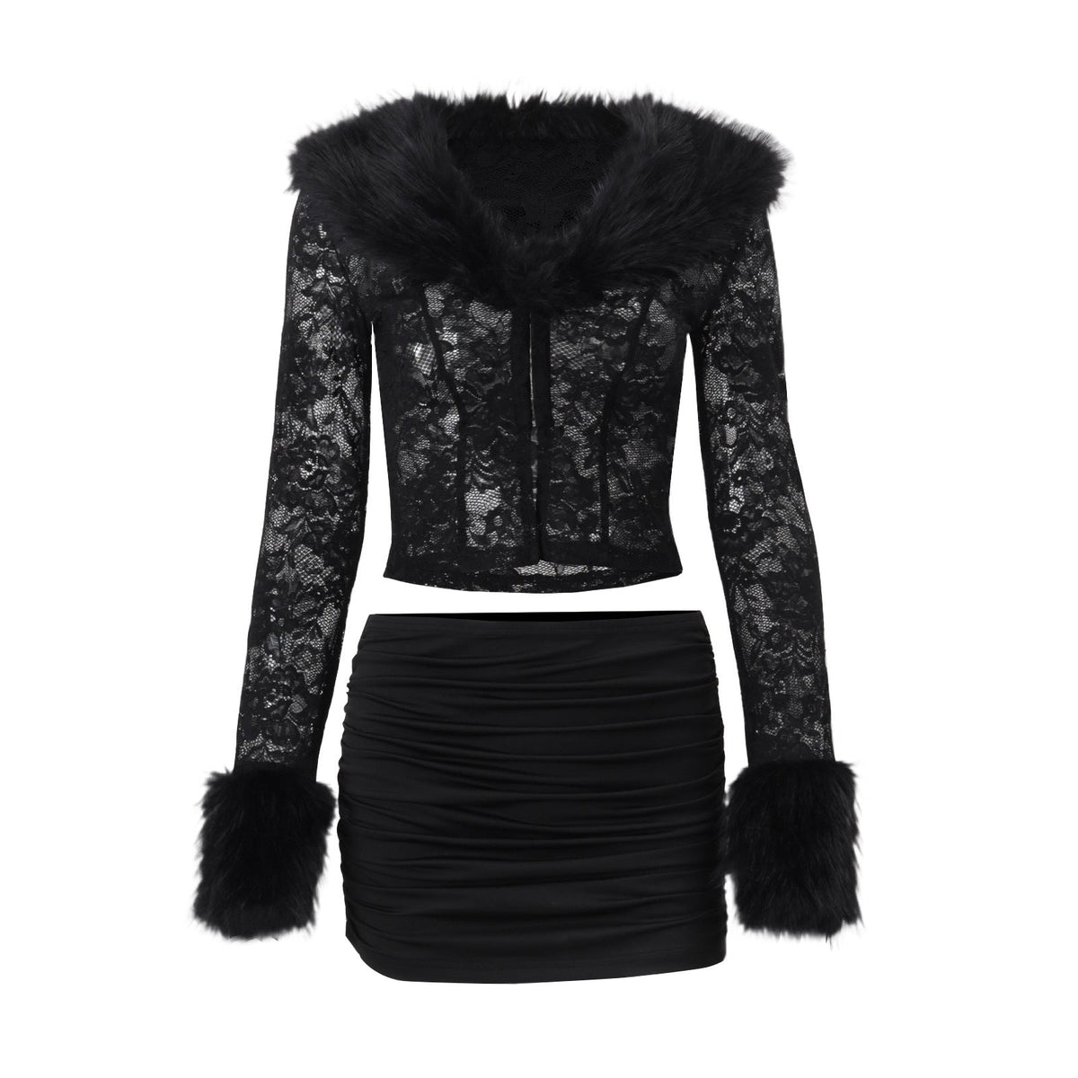 Women Clothing Autumn Winter Street Lace Plush Long Sleeved Top Sexy Skirt Set